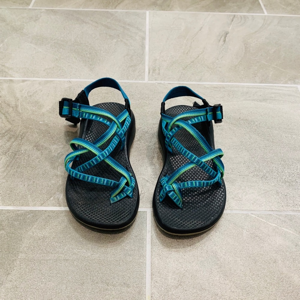 green and blue lightly work chacos!
